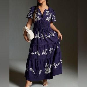 Anthropologie Somerset Maxi Dress, Embroidered Edition Navy XL EUC